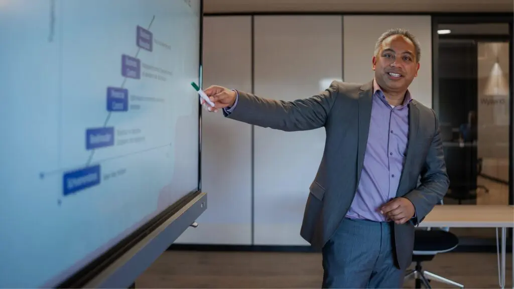 Business consultant Marc Morgenland geeft les tijdens de finance en control opleiding van Agium business school